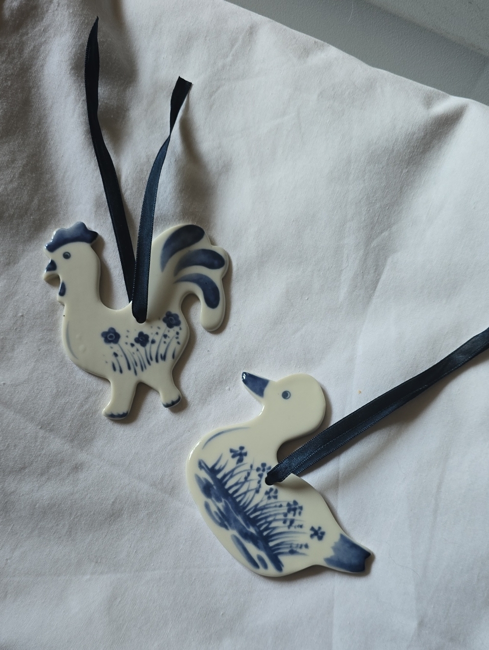 Russ Blue and White Ceramic Rooster and Duck Ornaments